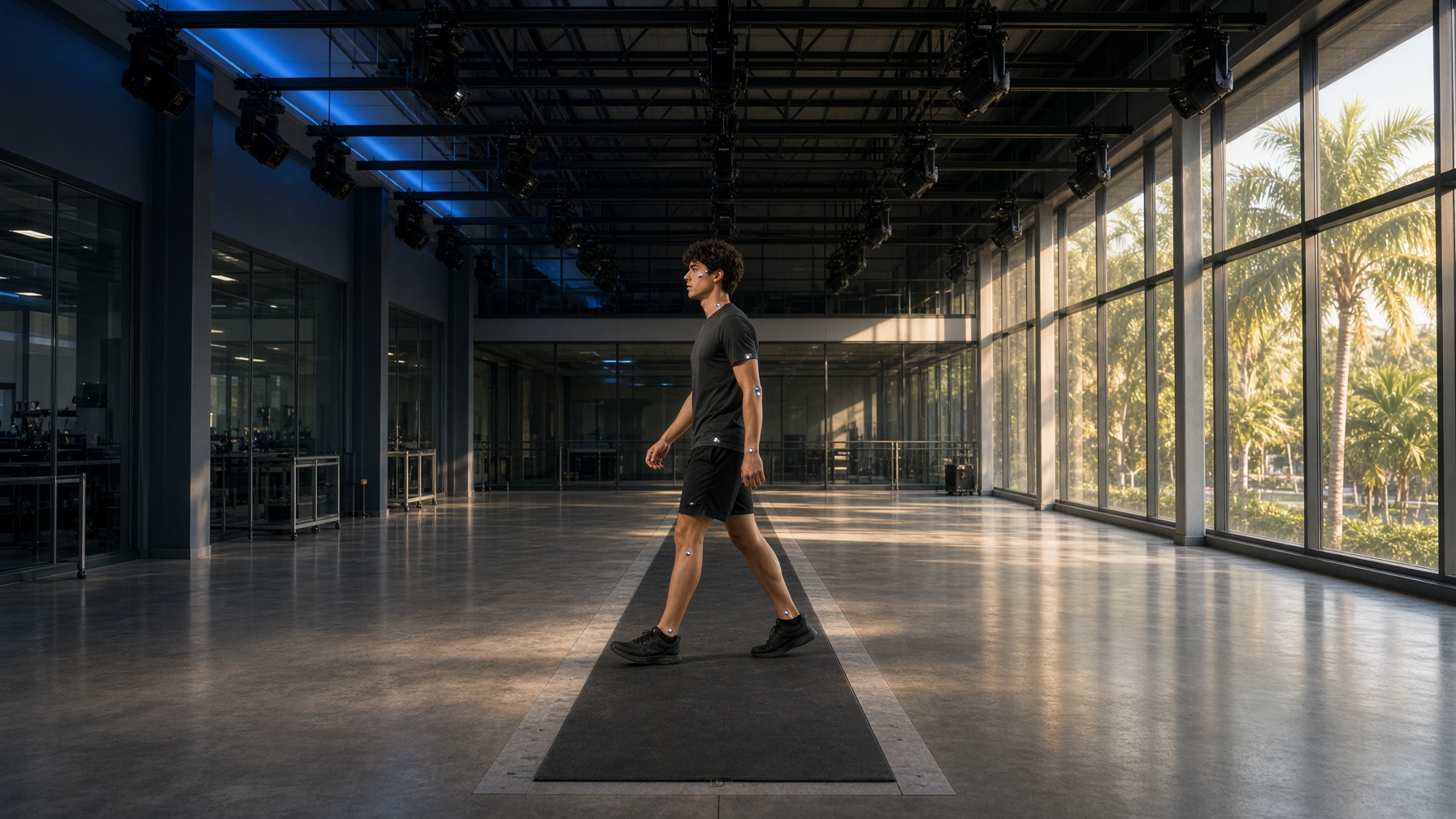 Motion-capture laboratory with a subject walking the force-plate walkway