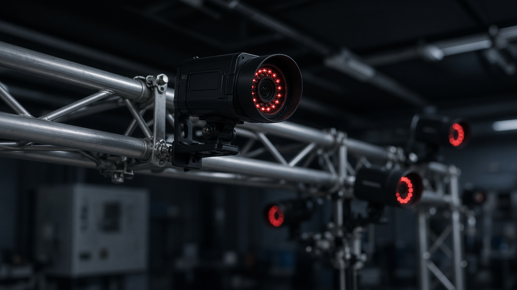 Optical motion-capture cameras mounted above a biomechanics laboratory