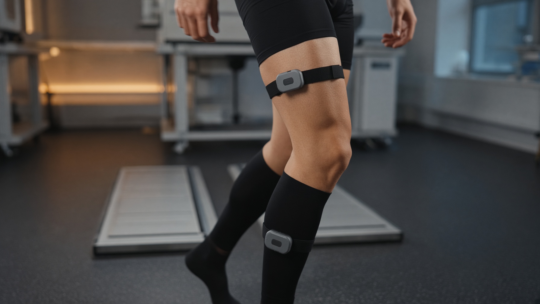 Wireless IMU sensors on a participant during overground walking